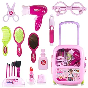 WISHKEY Plastic Make Up Case and Cosmetic Set Suitcase, Durable Kit Hair Salon with Beauty Accessories for Children Girls( Pack of 1, Multicolor )