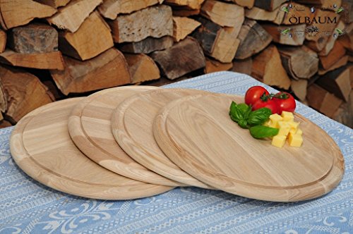 4 x Pizzabrett, Flammkuchen Servierbrett, Holzbrett rund, PREMIUM-QUALITÄT, groß Holz,mit umlaufender Rille – Ölrille / Saftrille -, je ca. 28 cm, als Bruschetta-Pita-Döner-Naan-Roti-Ciabatta-Langos-Chubz-Servierbretter, Schneidebrett Schneidebrettchen, Frühstücksbrettchen,Anrichtebretter, Brotzeitbretter, Steakteller schinkenbrett rustikal, Schinkenteller von BTV - 2