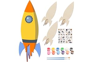 JTgugu 18 Stück Raketen Holz Bastelset Holzbastelsets für Kinder Rakete zum Bemalen mit Acrylpigment Pinsel und Cartoon Aufkleber Kunsthandwerk Geschenk für Mädchen Jungen DIY Handwerk Kindergarten