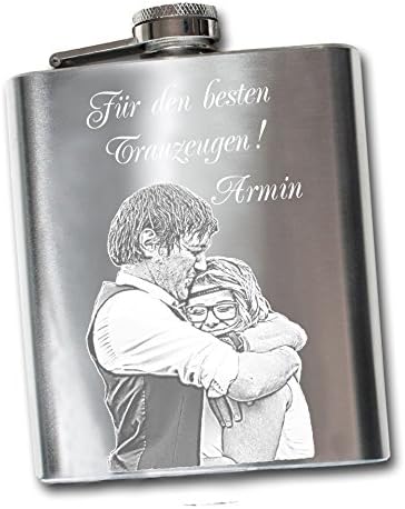 Your Photo and Hip Flask with Engraving of your Desired Engraving – Gift Boxed (Set of 2 Cups and Funnel | Individually | | Stainless Steel | Ramblers, Birthday, Christmas Gift Idea for Wedding