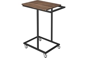Novilla Table d’appoint en Forme C, Bout de canapé avec roulettes, Cadre en métal Noir, Style Industriel, Montage Facile, pour Salon, Chambre, Balcon, Table Basse Mobile, Noyer, 55×35×68cm