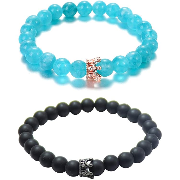 Paar Armband Set – Naturstein-Perlen (schwarzer Achat & Weißer Granat) Mit König/Königin-Kronen | Mit Geschenkbox, Für Paare & Partner