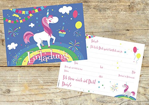 12 Einladungskarten „Einhorn auf Regenbogen“ Kindergeburtstag Luftballons Girlanden Sterne / Geburtstagseinladungen Einladungen Geburtstag Kinder Jungen Mädchen Einladungstext Vorlagen Karten Set - 5