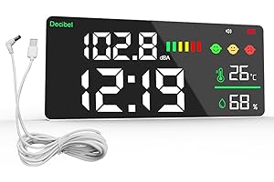 HOLDPEAK Sonomètre de Numérique Monté au Mur 30~130dB 11 "LED Sonomètre Décibel/Température/Humidité avec Indicateur, Sonomètre Rechargeable et Câble USB, Mesure de Bruit