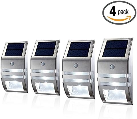 CDQ 4 Pack of Wireless Solar Outdoor Wall Light LED with PIR Motion Sensor 3 in 1 - Stainless Steel Case Waterproof Super Bright Security Light for Garden Pathway Outdoor Fence Wall (Sliver)