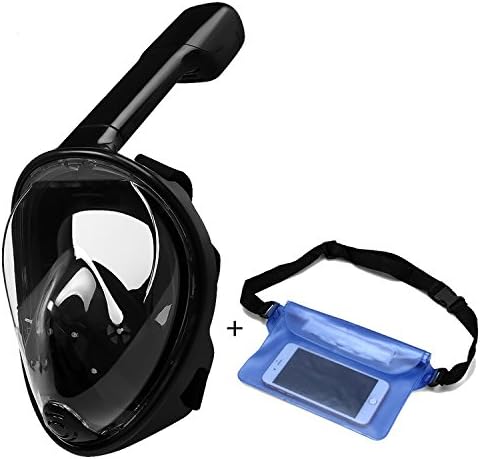 YOUHONG® Anti-Fog Anti-Leak Snorkel Mask Easy Breathing Full Face GoPro Compatible 180° Panoramic View Diving Mask Set Black L/XL + Waterproof Waist Phone Bag