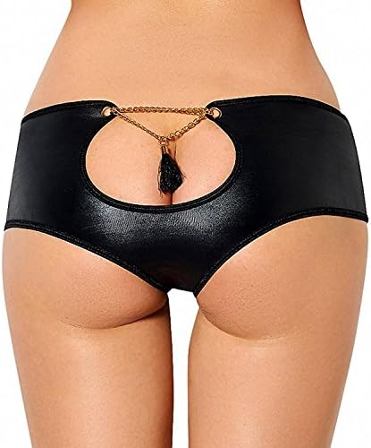 New Ladies Black Wet Look Open Back Chain &amp; Tassle Knickers Pantys Underwear Sleepwear Lingerie Valentine Size UK 8-10 EU 36-38