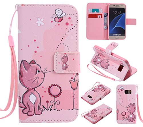 Feeltech Samsung Galaxy S7 Hülle PU-Leder und Brieftasche Bunte Muster Fall mit Magnetverschluss, Hybrid-Kickstand mit Stand-Funktion, schlagen Sie schützende weiche TPU Stoßstangenabdeckung und Kreditkartenhalter für Samsung Galaxy S7 Handgelenk Bügel-Buch-Art-Geldbeutel-Tasche mit 2 In 1 Berühren Sie Stift – Rosa Katze - 8