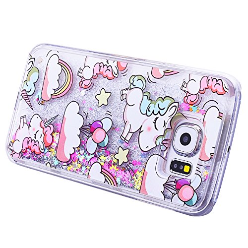 Samsung S6 Funda Bling Arena Movediza Lentejuelas Carcasa   We Love Case L  quido Funda para Samsung Galaxy S6 Glitter Estrellas Lentejuela Arenas Movedizas Carcasa PC Casco de Pl  stico Duro Cascara Sparkle Brillar Claro Cristal Caso Bumper Case Cover Moda Tapa Transparente Cubierta Caja de Protecci  n Resistente a Ara  azos Choque Absorci  n - Dise  o Dibujo Unicornio Unicorn Plata