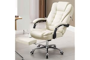 BAKAJI Fotel Biurko Biuro Masaż 2 Głowice Ekologiczne Skórzane Oparcie z podnóżkiem 5 Koła 360 stopni Regulowana Wysokość Zasilanie USB (Biały)