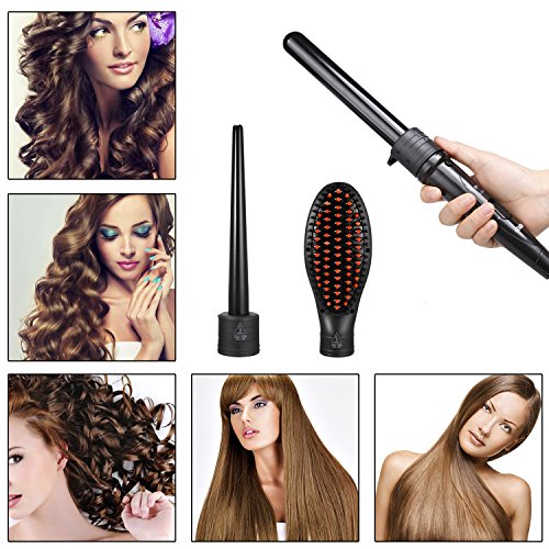 ACEVIVI 3-in-1 Lockenstab Curler mit Keramikbeschichtung Haarbürste 3 Aufsätzen (kegelförmiger Lockenstab, Glättungbürste Zylindrische Lockenwickler) Wiederaufladbar EU Stecker Schwarz, 9mm-25mm - 3