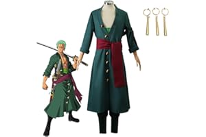 JIUMAOCLEU Roronoa Zoro Cosplay Costume Outfit with Green Wig, After 2 Years, Wano Country Zorro Green Kimono Suits, Coat + Trousers + Waist Band + Belt + Turban + Earrings, Halloween Costume for Fans