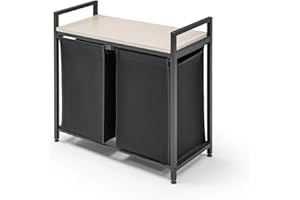 TUBIBU Panier à linge à 2 compartiments, panier à linge avec étagère, sac à linge en tissu imperméable, cadre en métal robuste, support en MDF, 32 x 75 x 70 cm