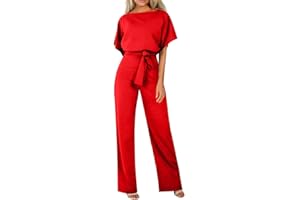 HOOUDO Jumpsuits for Women UK Elegant Summer Short Sleeve Playsuits Ladies Plain Casual Wide Leg Pant Belted Romper Formal Wedding Overalls Baggy One Piece Outfits Dungarees