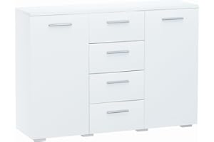 ‎MATKAM MATKAM Kommode Helena B120 x H84,5 x T35 cm, Sideboard mit 4 Schubladen und 2 Fächer mit Türen, ideal für Büro, Diele, Wohnzimmer, Jugend- oder Kinderzimmer (Weiß)