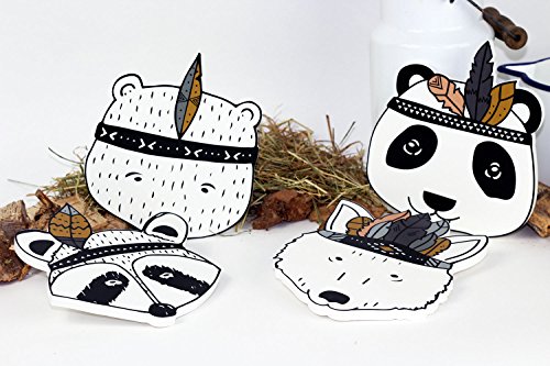 Wanddekoration in 3D für das Kinderzimmer – *** NEUHEIT*** 4er-Set mit 3D-Effekt -Süße schwarz-weiße Indianer Tierköpfe in TOP Qualität auf 10mm starken Platten – MADE IN GERMANY - 7