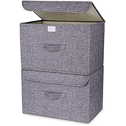 OJ Lot de 2 boites de Rangement,Rangement de Vetement, Pliables en Tissu de Lin avec couvercles et poignées pour Maison, Bureau, crèche, Placard, Chambre à Coucher (Gris)