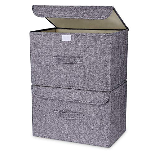 OJ Lot de 2 boites de Rangement,Rangement de Vetement, Pliables en Tissu de Lin avec couvercles et poignées pour Maison, Bureau, crèche, Placard, Chambre à Coucher (Gris)