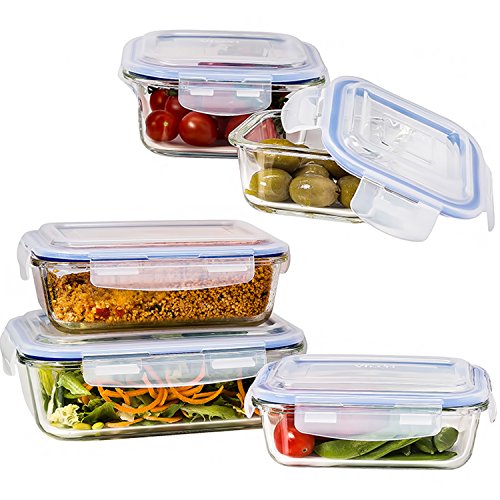 Vhari 5 Set Glas Lebensmittel Lagerbehälter * Airtight & Dicht * Backofen , Mikrowelle, Gefrierschrank und Spülmaschine Safe * 10 Stück (5 Glasbehälter + 5 BPA frei Lids ) *