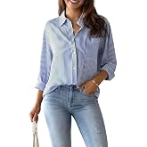Women's Classic Fit Striped Print Blue and White Poly Cotton Shirt with Long Sleeve Mandarin Neck Standard Length and Button 