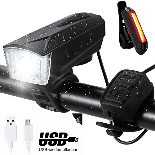 Nabowei luz de Bici, Impermeable Impermeable Carga Inteligente Luz Bicicleta con Sirena 6 Modalidades de Iluminación + Luz Trasera de Bicicleta Negro