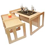 3 in 1 Multifunktionales Nest von drei Couchtischen oder Beistelltischen für Erwachsene oder ein Multifunktionales Kindermöbel Set bestehend aus einem Multifunktionalen Kindertisch oder Kindersitzbank und zwei Multifunktionellen Kinderstühlen, aus massivem Buchenholz Natur Lackiert - 2