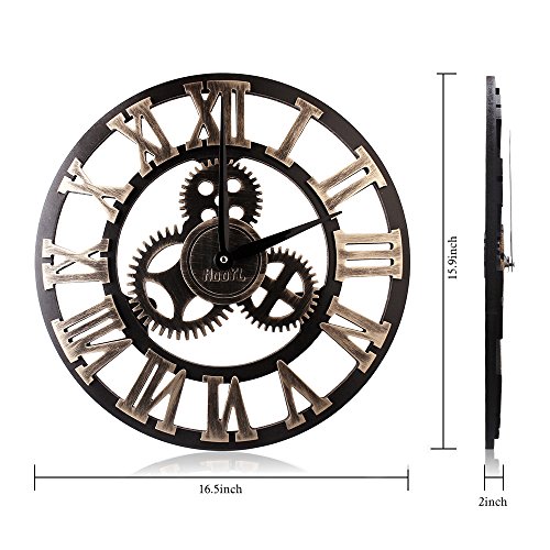HooYL stylische Wanduhr im Vintage Look mit dekorativem Zahnrad und römischen Ziffern aus Holz (Farbe Kupfer) - 3
