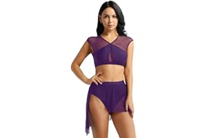 IEFIEL Asymétrique Robe de Danse Lyrique Ballet Femme Justaucorps Gymnastique Danse Classique Ensemble Haut et Jupe Patinage Robe de Soirée Danse Contemporain 2 Pièces