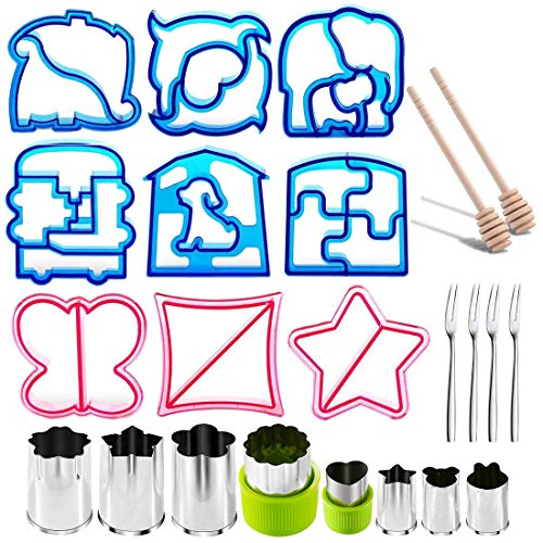 Jestool Cortador de Sándwich, 23 Piezas Forma de Sándwich para Niños con 9 Cortadores de Pan, 8 Cortadores de Acero Inoxidable para Vegetales, 2 Cucharón de Miel y 4 Tenedores de Frutas