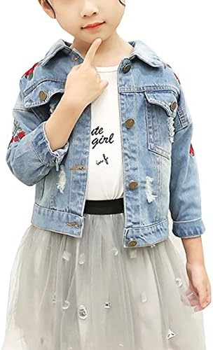 GladiolusA Kids Girls Loose Fit Denim Jacket Flower Embroidery Vintage Light Wash Ripped Outwear for 8-9 Years Old Light Blue