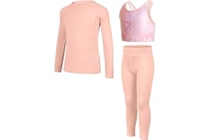 JiAmy Conjunto de Leggings de Yoga para Niñas 3 Piezas Camisetas Deportivas de Manga Larga, Top Corto y Ropa Deportiva para Edades 5-12 Años