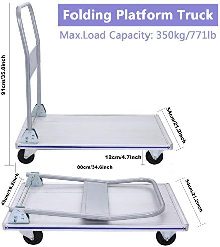Folding Metal Platform Truck Aluminum Hand Cart, 4 Wheels Heavy Duty Flatbed Moving Push Cart Dolly with Non-Marking Polyurethane Casters, 770 lbs Capacity (US STOCK)