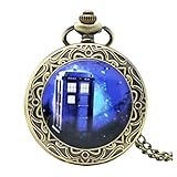 DR WHO-Blue Tardis-Deckeltaschuhr mit dekorativem Bronzeeffekt, Retro/Vintage, für Herren und Jungen, Quartz-Taschenuhr, Halskette - an 80 cm langer Kette