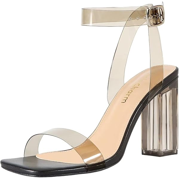 ZriEy Women's Clear Block Heel Sandals - Chunky Strappy Ankle Strap, Open Toe, 3 Inch Heel, Rose Gold