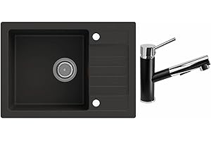 Rein Schwarz LINDBERGH® Granit Spüle mit Armatur "SIM44+ 1-Nero" + Siphon Einbauspüle Küchenspüle Spülbecken + DREHEXCENTER - Verbundstoffe MADE IN GERMANY (1. Spüle SIM44 + Armatur 1-Nero)