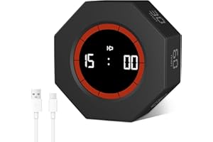 ‎CUTEEFUN Cuteefun Timer kostkowy, ośmiokątny timer Pomodoro, 1/3/5/15/30/60/90 minut, odliczanie i liczenie, wyświetlacz LCD, regulowany alarm dźwiękowy do kuchni, gabinetu, spotkania, czarny
