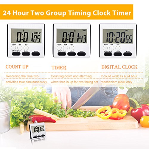 Mudder 2 Stück Magnetische Digital Küche Timer 24 Stunden Zeitschaltuhr Lauten Alarm mit Großen Ziffern und Ständer (Weiß – Schwarz) - 2