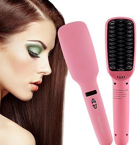 Hair Straightener Brush, YANX Anti-Static Ceramic Hair Straightening Brush 2-in-1 Electric Heating Anion Hair Brush with a Travel Bag (Pink)