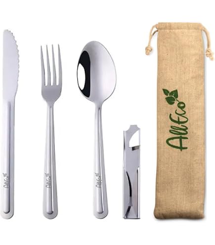 Set Di Posate Da Campeggio 8 Pezzi In Acciaio Inox - Con Coltello, Forchetta, Cucchiaio, Cannuccia, Bacchette E Custodia