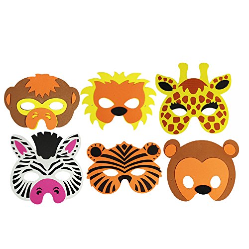 COM-FOUR® 6-teiliges Tiermaskenset, Löwe, Tiger, Giraffe, Zebra, Affe und Bär
