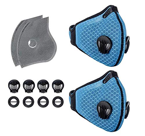 Máscara Antipolvo Carbono Activado para Ciclismo para Hombres y Mujeres, a Prueba de Polvo con filtros Extra y Válvulas, para Gas de Escape, PM2.5, Correr, Ciclismo, Actividades al -2 Azules