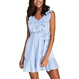 IMJONO Dress Kleid röcke,2019 Jubiläum Frauen ärmelloses V-Ausschnitt Streifen Falbala Casual Dress Abend Party Dress(Medium,Blau)