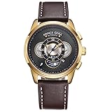 Prince Gear Einzigartige Gold Herren Automatik Uhren Wasserdicht Braun Leder Mechanische Uhr Mit Tag Datum Monat Sonne und Mond Anzeige