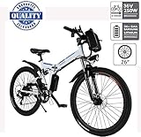 Hiriyt Vélo Electrique 26' E-Bike - VTT Pliant 36V 250W Batterie au Lithium de Grande Capacité - Ville léger Vélo de avec moyeu Shimano 21 Vitesses (Blanc, 26 Pouces)