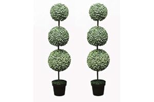 Metro Garden Pair of Artificial Box Topiary 3 Ball Trees in Weighted Black Pots 118cm (4ft) Tall Triple Trio