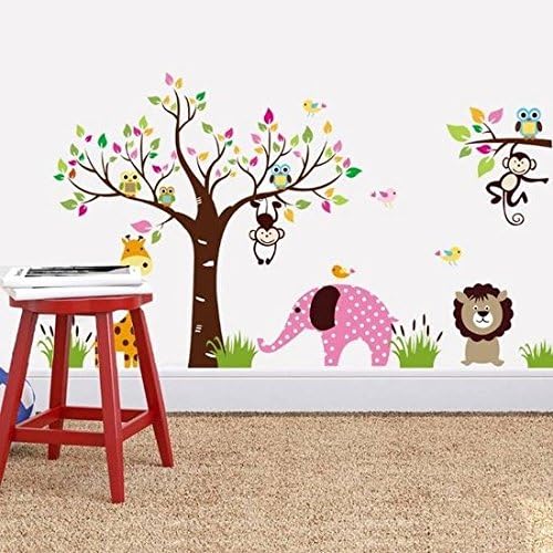 Vrolijke Premium Muursticker Boom Met Dieren XL Olifant Aap Giraffe Leeuw Uil - Voor Kinderkamer / Babykamer V2
