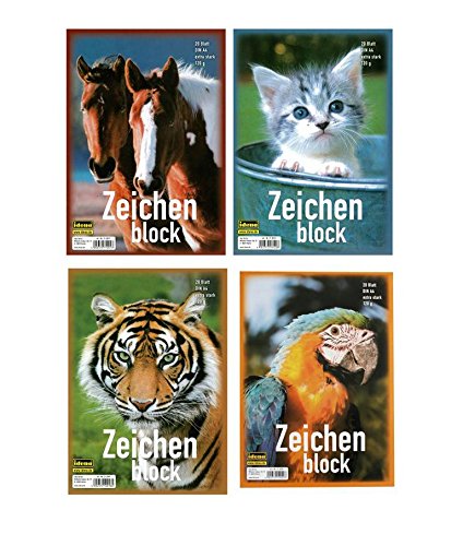 4 Zeichenblöcke / Malblock mit je 20 Blatt / je 1x Pferd, Katze, Tiger, Papagei