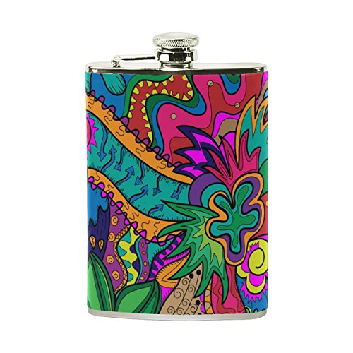 COOSUN Hippie Disegno Piace Come Stoner Arte Alcol Pallone con Cuoio Avvolto, Acciaio Inossidabile della Prova della Perdita Liquor Fiaschetta, 8 oz Multicolore