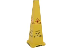 The Workplace Depot Wet Floor Cone, 4 Sided Heavy Duty Yellow Plastic 90cm Caution Wet Floor Safety Cone, Highly Visible & Stackable for Commercial, Industrial & Work Spaces (1)