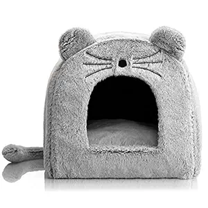 Hollypet Self-Warming Mouse Pet Bed Warm Cave Nest Sleeping Bed Puppy House for Cats and Small Dogs, Gray